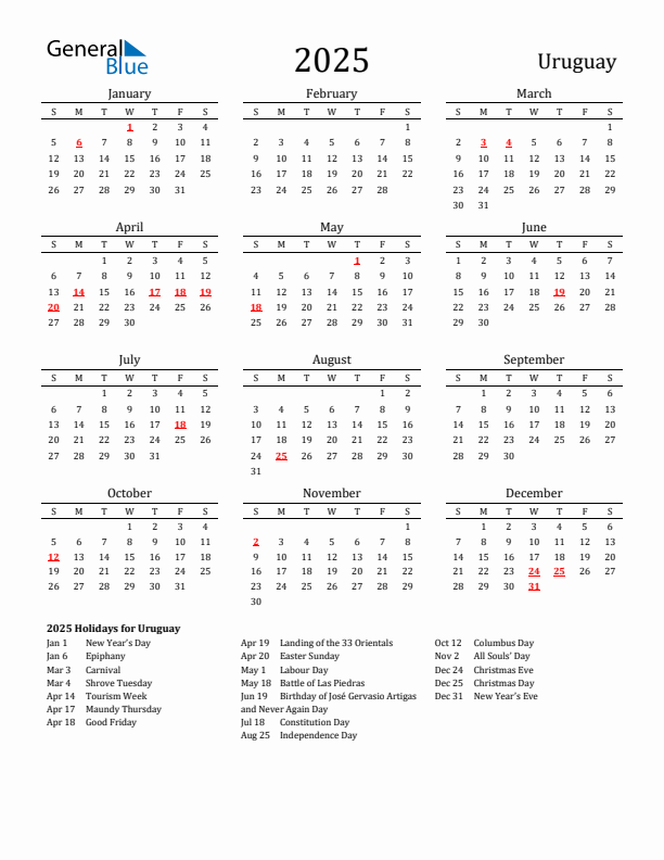 Uruguay Holidays Calendar for 2025