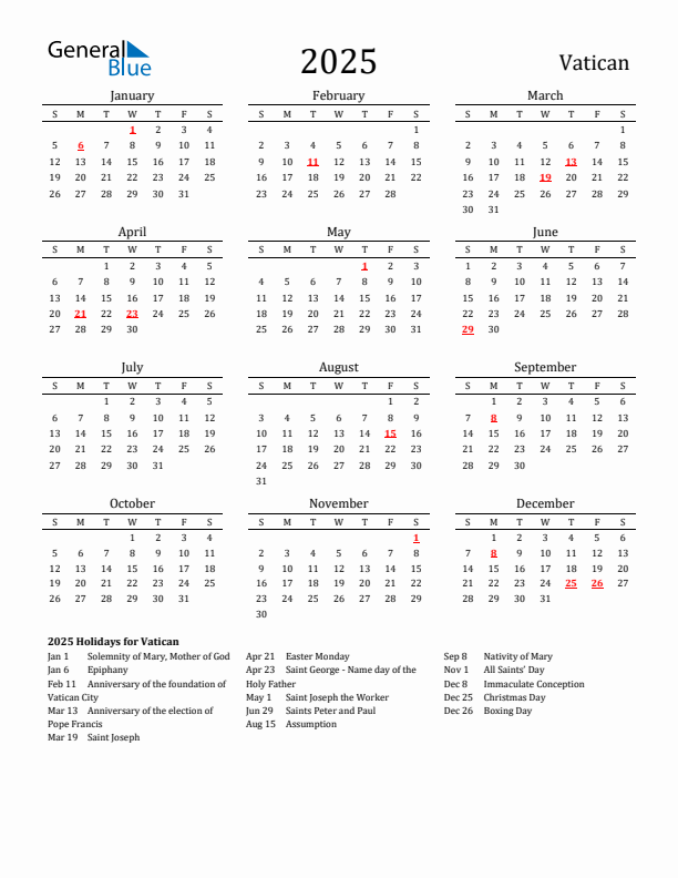 Vatican Holidays Calendar for 2025