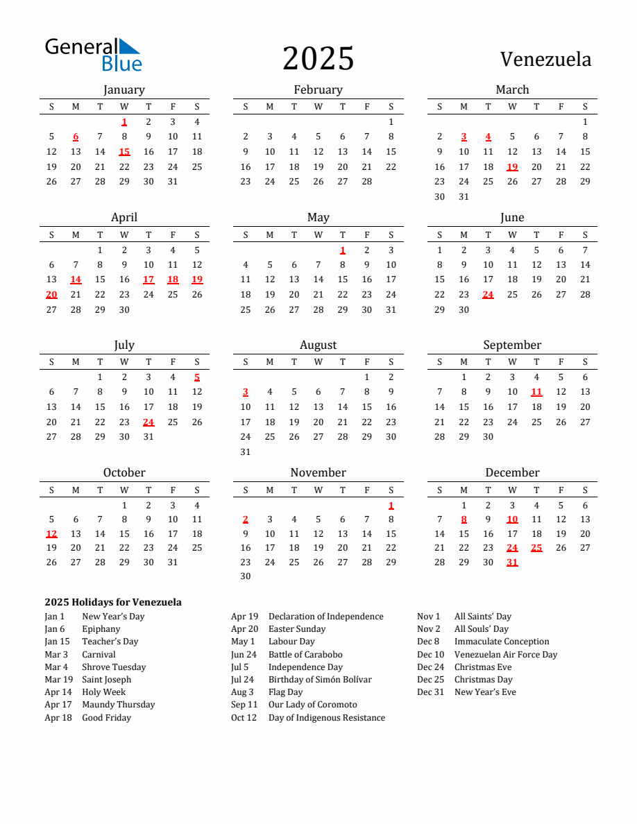 Free Venezuela Holidays Calendar for Year 2025