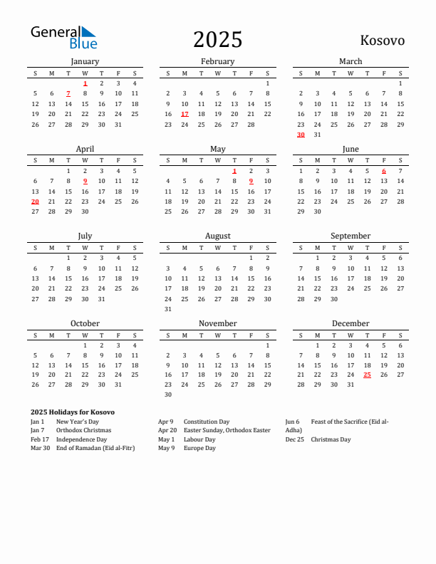 Kosovo Holidays Calendar for 2025