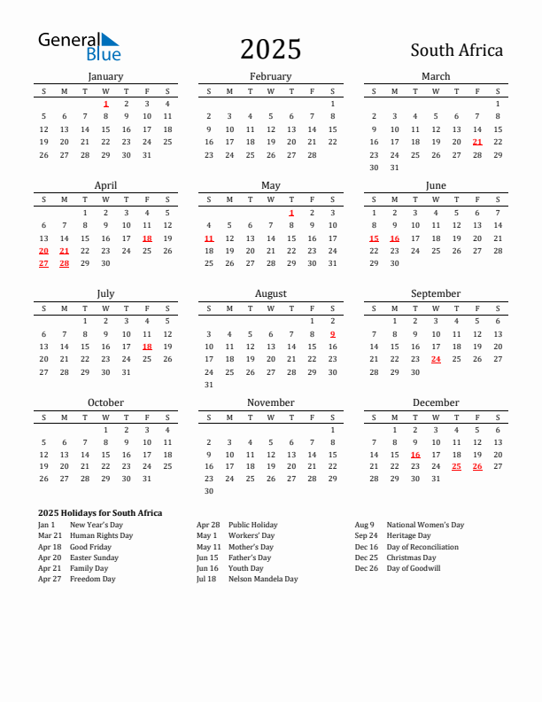 South Africa Holidays Calendar for 2025