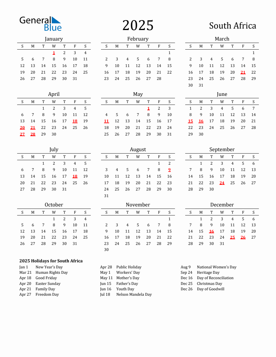 Free South Africa Holidays Calendar for Year 2025