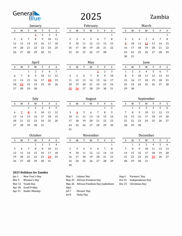 Zambia Holidays Calendar for 2025
