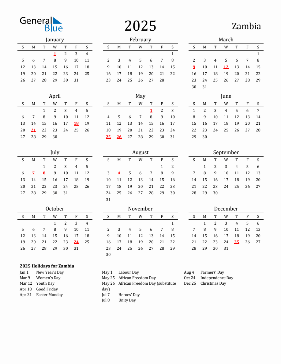 Free Zambia Holidays Calendar for Year 2025