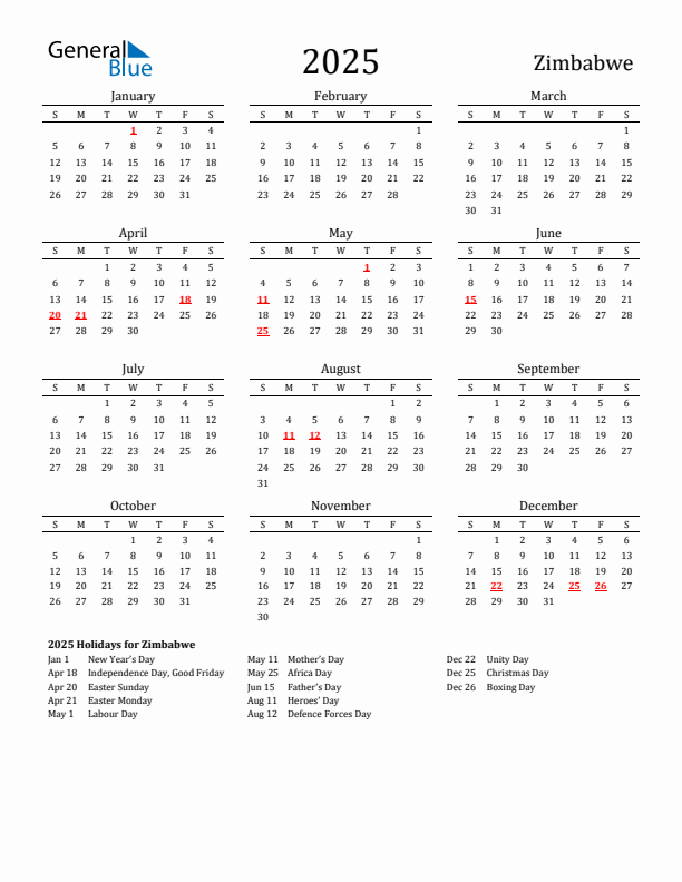 Zimbabwe Holidays Calendar for 2025
