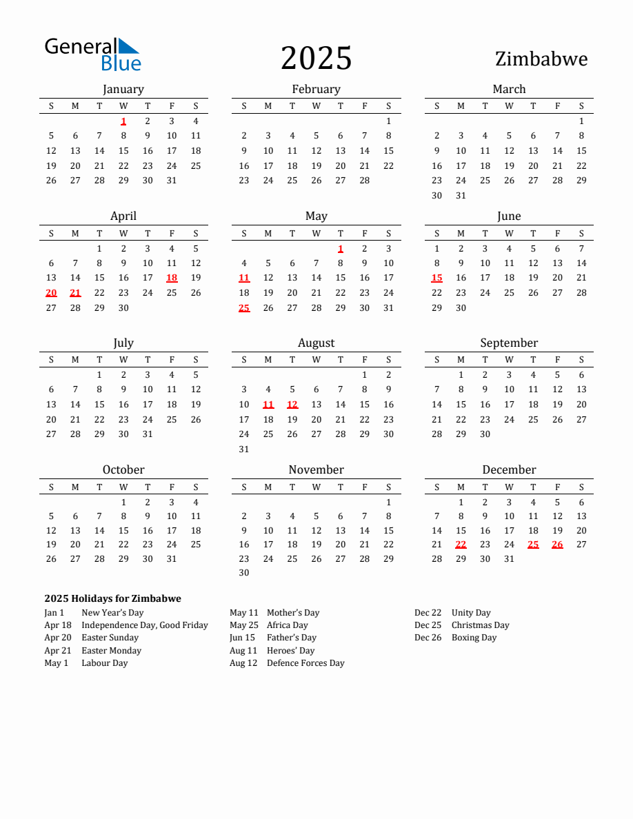 Free Zimbabwe Holidays Calendar for Year 2025