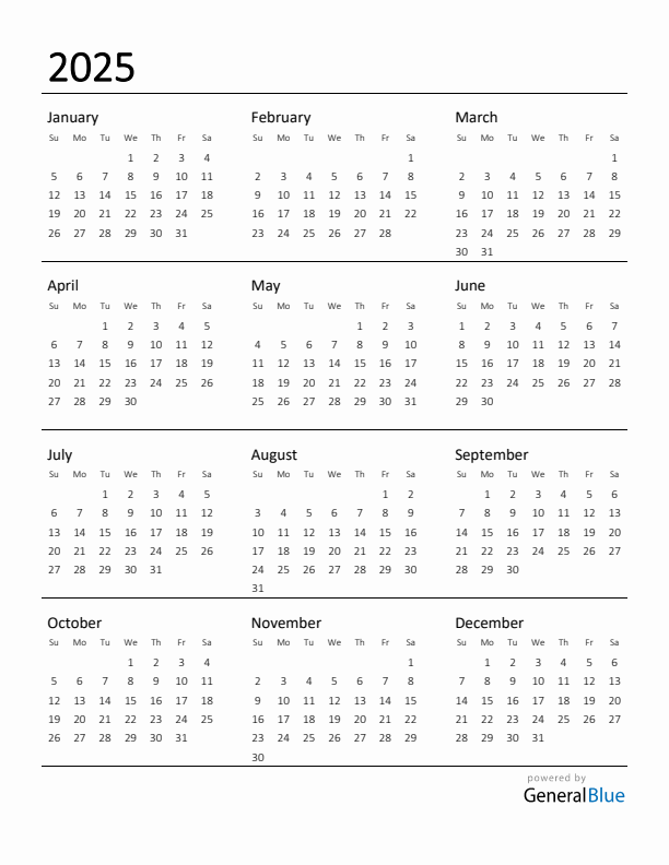 Printable Calendar for 2025