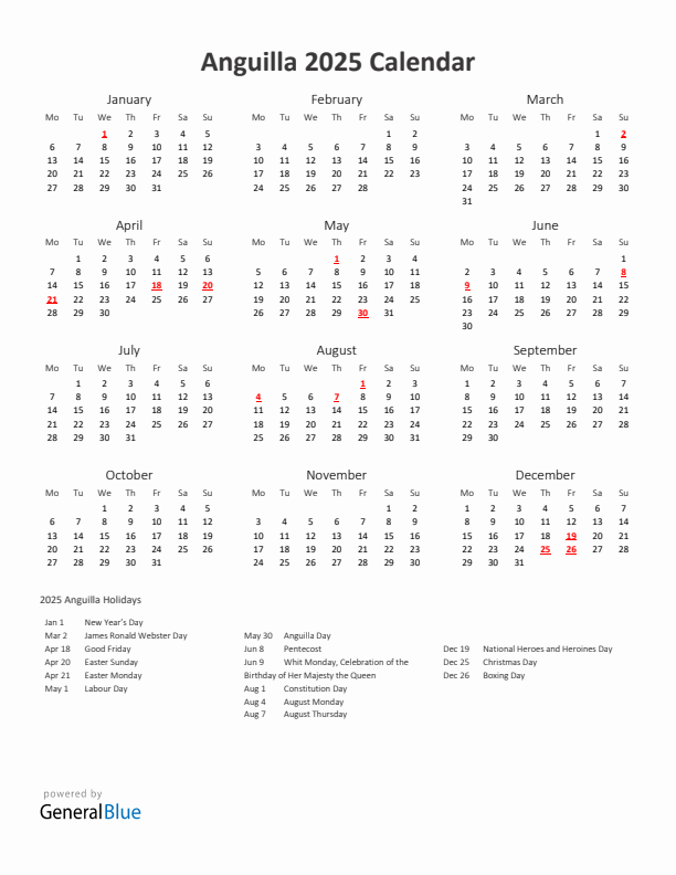 2025 Yearly Calendar Printable With Anguilla Holidays