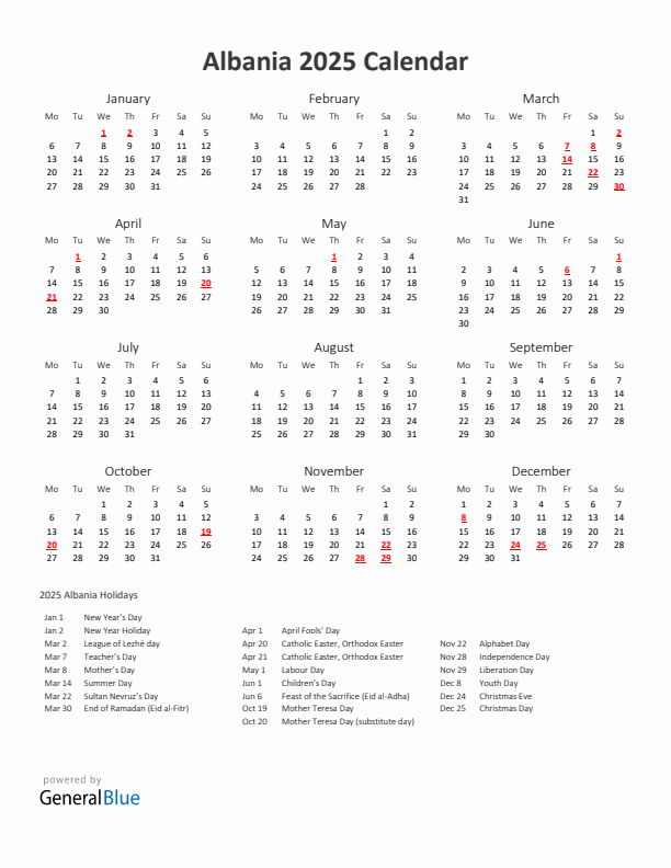 2025 Yearly Calendar Printable With Albania Holidays