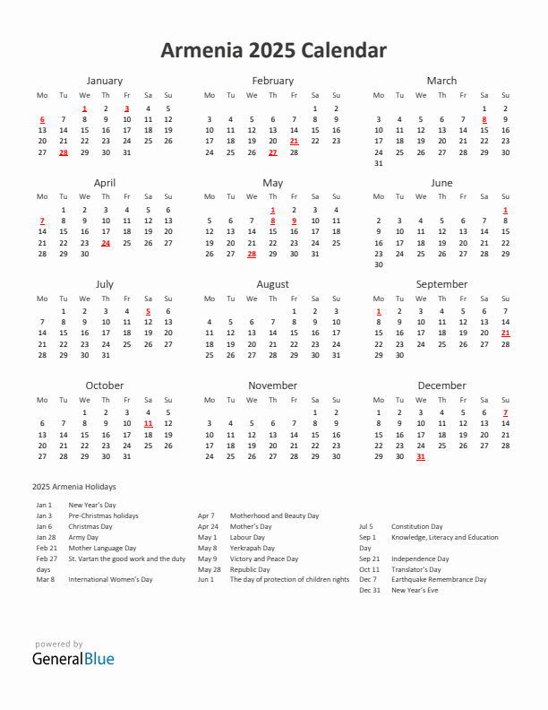 2025 Yearly Calendar Printable With Armenia Holidays