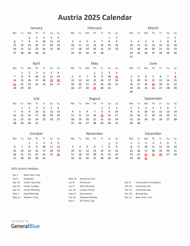2025 Yearly Calendar Printable With Austria Holidays
