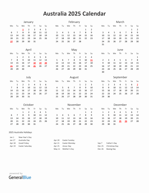 2025 Yearly Calendar Printable With Australia Holidays