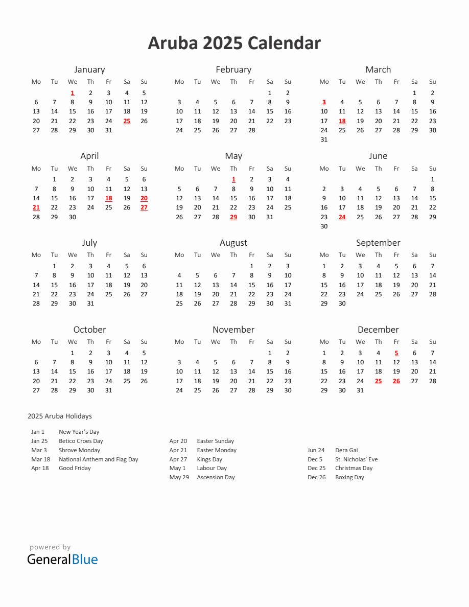 2025 Yearly Calendar Printable With Aruba Holidays