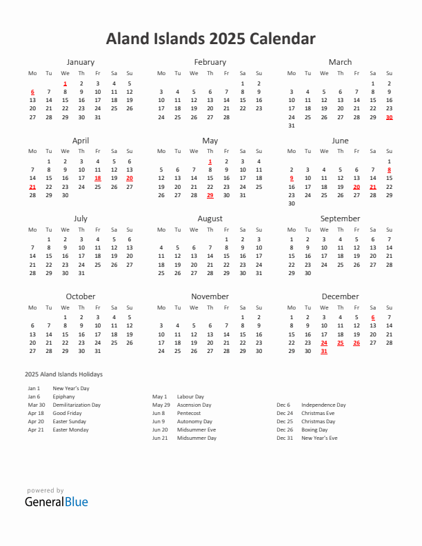 2025 Yearly Calendar Printable With Aland Islands Holidays