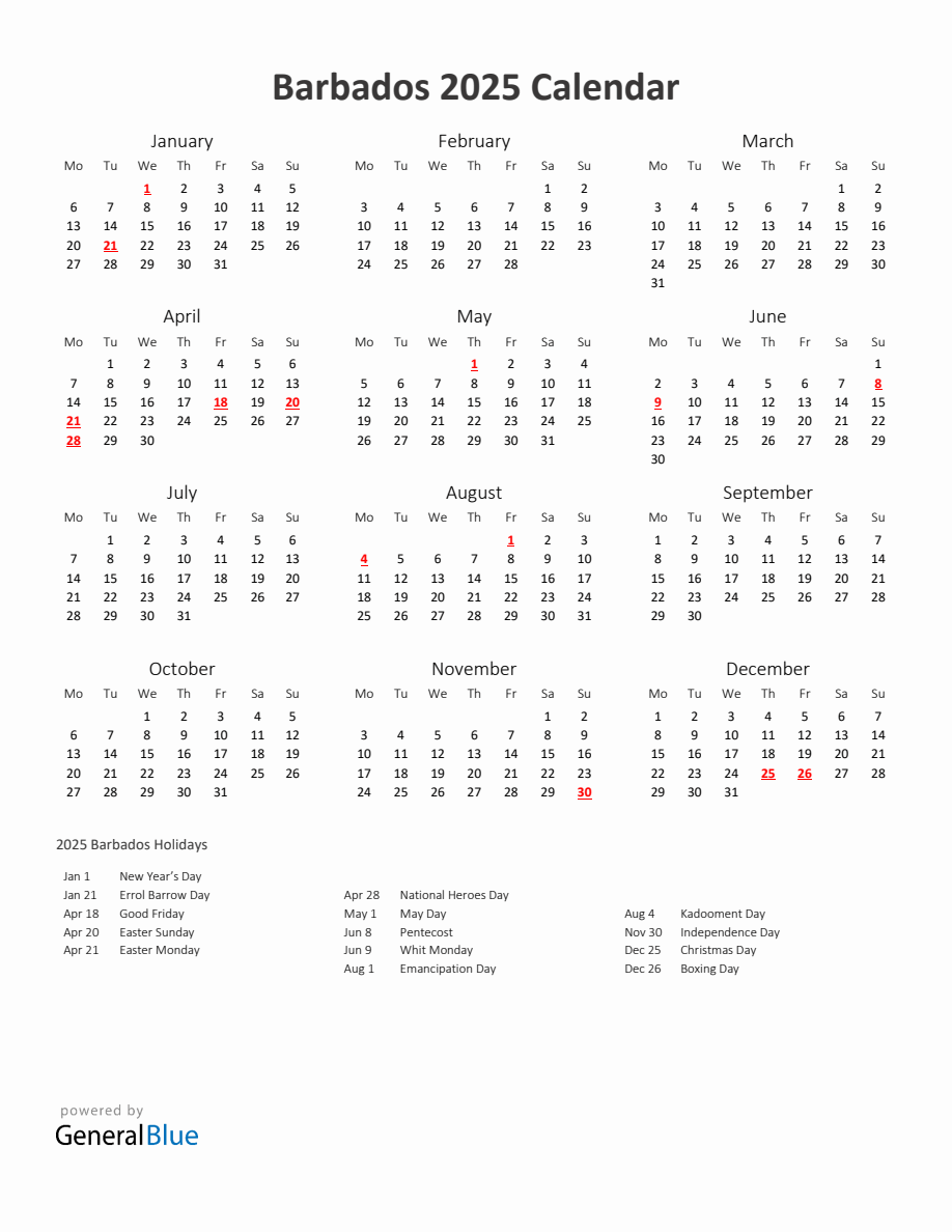 2025 Yearly Calendar Printable With Barbados Holidays