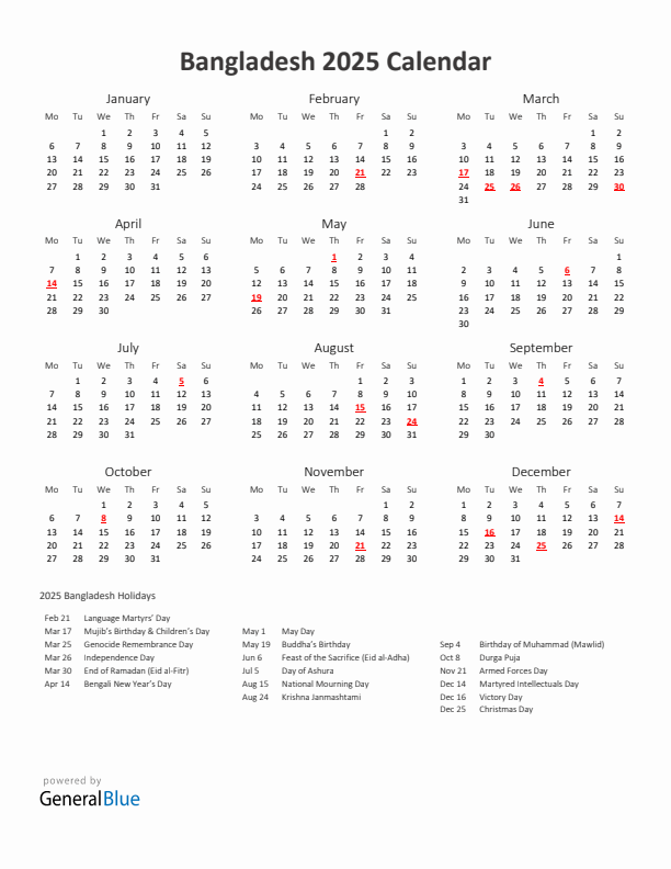 2025 Yearly Calendar Printable With Bangladesh Holidays