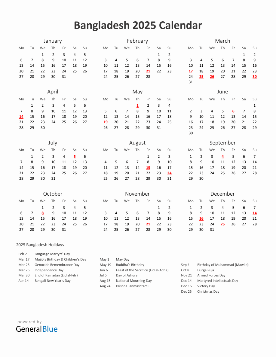 2025 Yearly Calendar Printable With Bangladesh Holidays