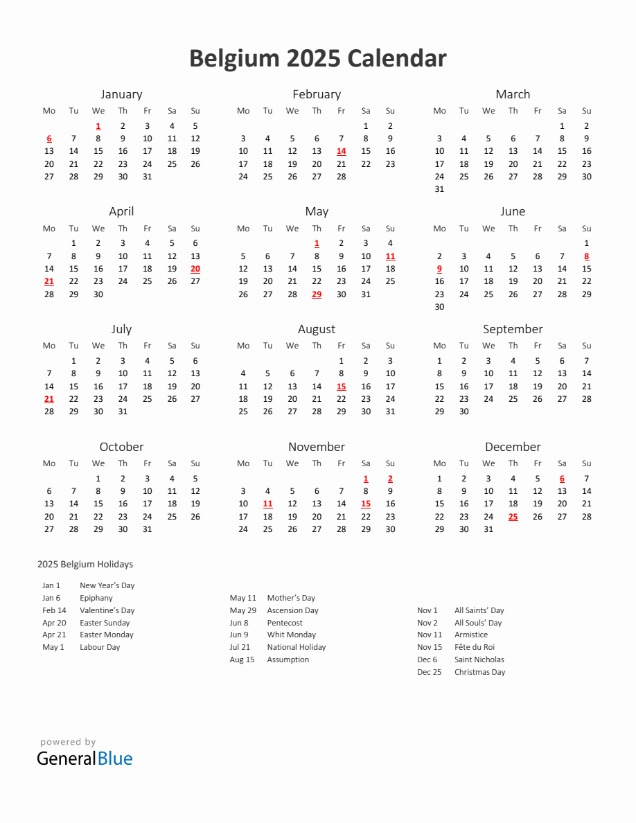 2025 Yearly Calendar Printable With Belgium Holidays