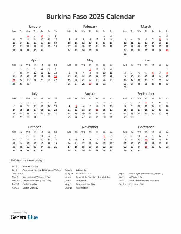 2025 Yearly Calendar Printable With Burkina Faso Holidays