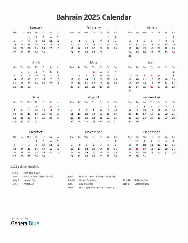 2025 Yearly Calendar Printable With Bahrain Holidays