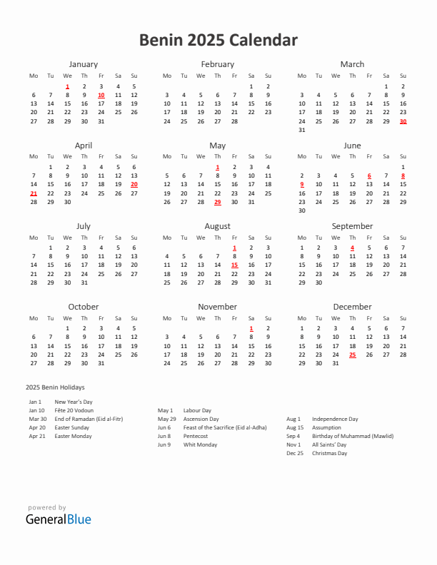 2025 Yearly Calendar Printable With Benin Holidays
