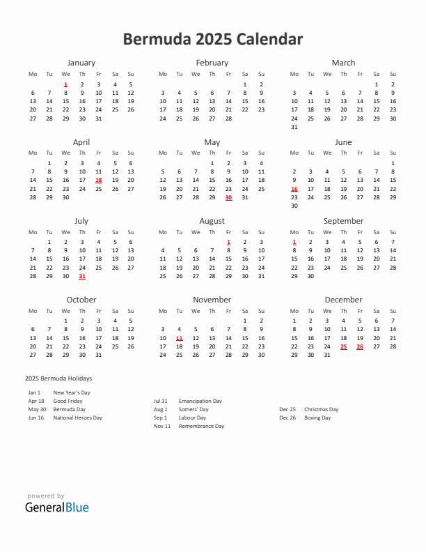 2025 Yearly Calendar Printable With Bermuda Holidays