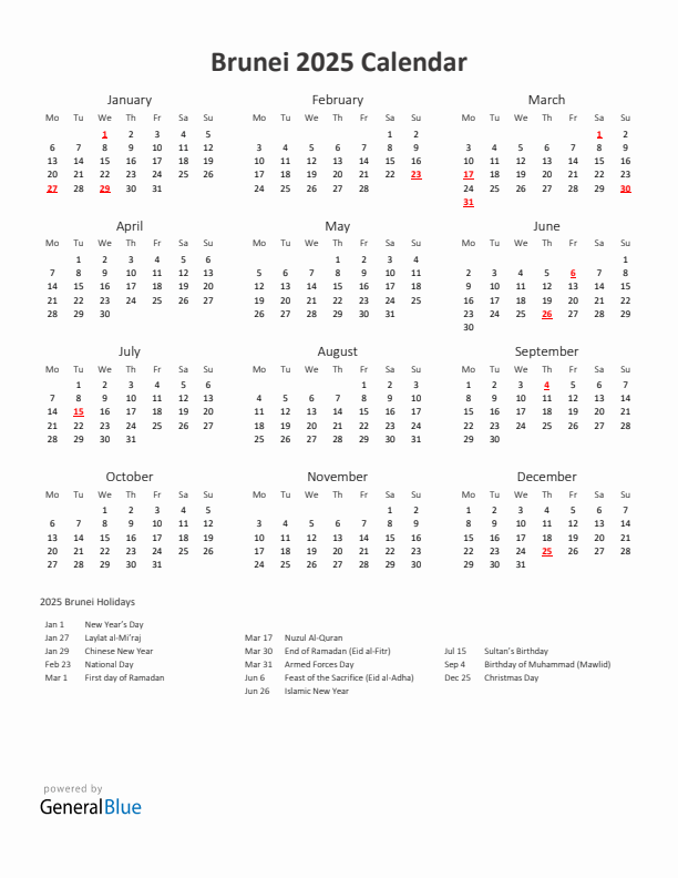 2025 Yearly Calendar Printable With Brunei Holidays