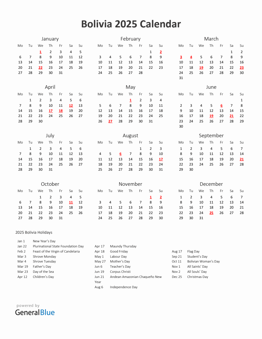 2025 Yearly Calendar Printable With Bolivia Holidays