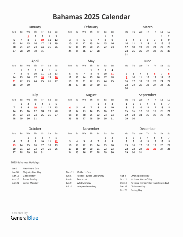 2025 Yearly Calendar Printable With Bahamas Holidays