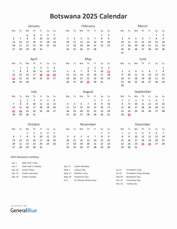 2025 Yearly Calendar Printable With Botswana Holidays