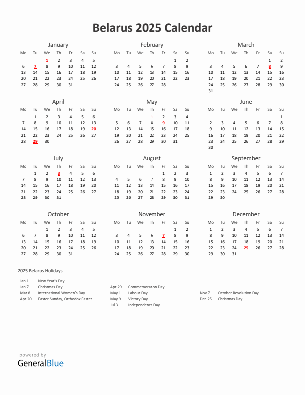 2025 Yearly Calendar Printable With Belarus Holidays