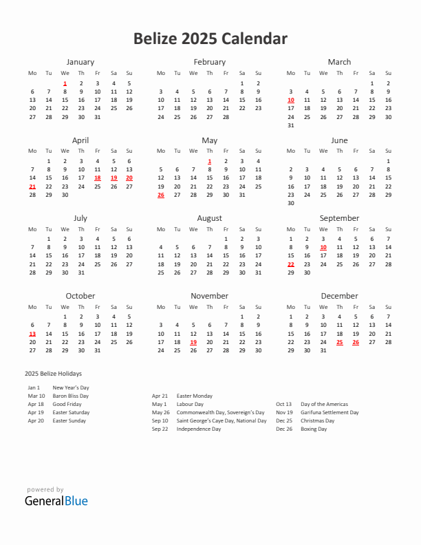 2025 Yearly Calendar Printable With Belize Holidays