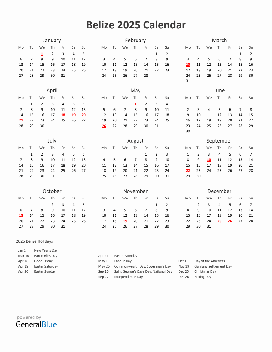 2025 Yearly Calendar Printable With Belize Holidays