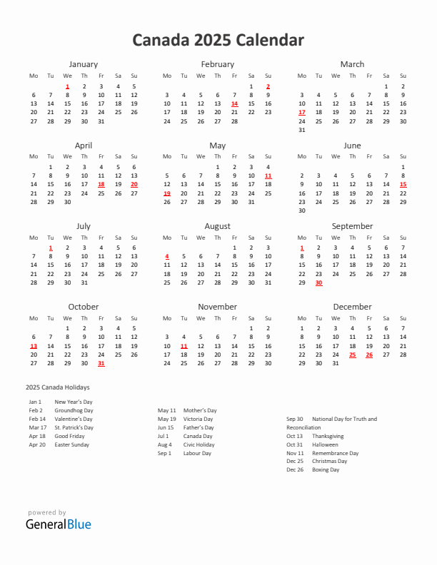 2025 Yearly Calendar Printable With Canada Holidays