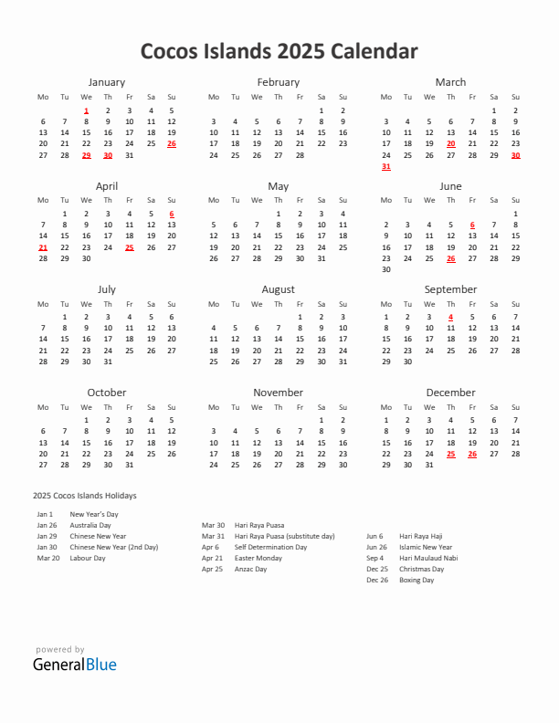 2025 Yearly Calendar Printable With Cocos Islands Holidays