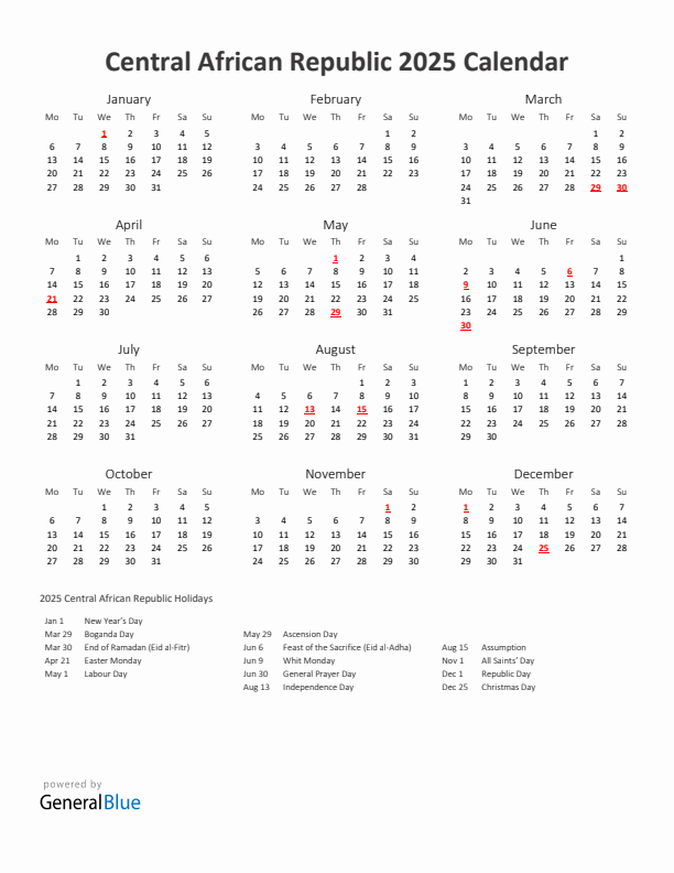 2025 Yearly Calendar Printable With Central African Republic Holidays