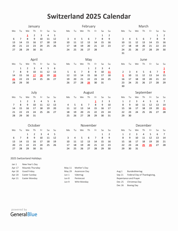 2025 Yearly Calendar Printable With Switzerland Holidays