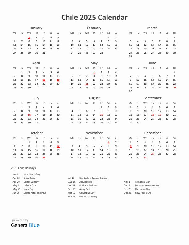 2025 Chile Calendar with Holidays