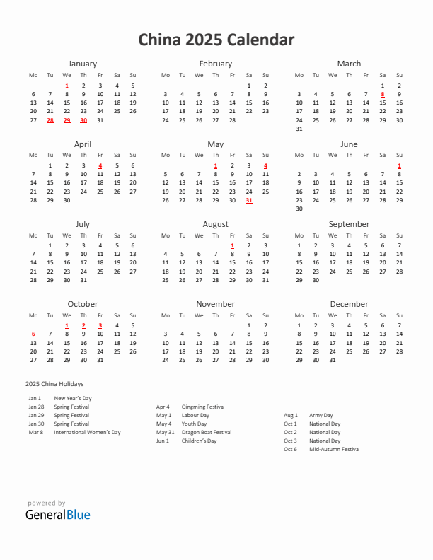 2025 Yearly Calendar Printable With China Holidays