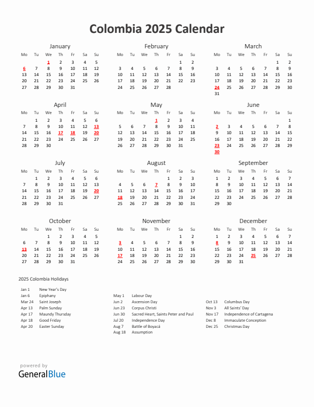 2025 Yearly Calendar Printable With Colombia Holidays