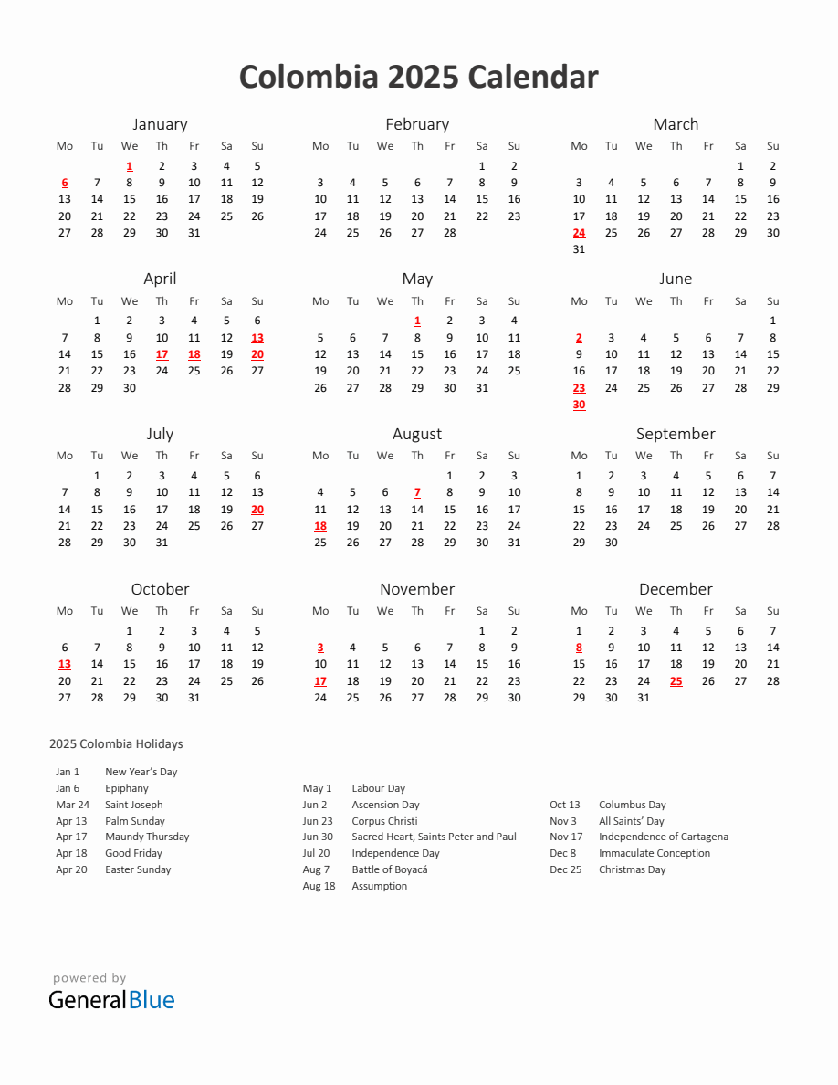 2025 Yearly Calendar Printable With Colombia Holidays