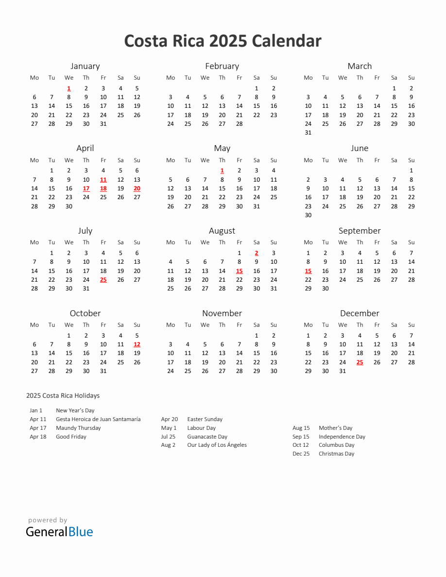 2025 Yearly Calendar Printable With Costa Rica Holidays