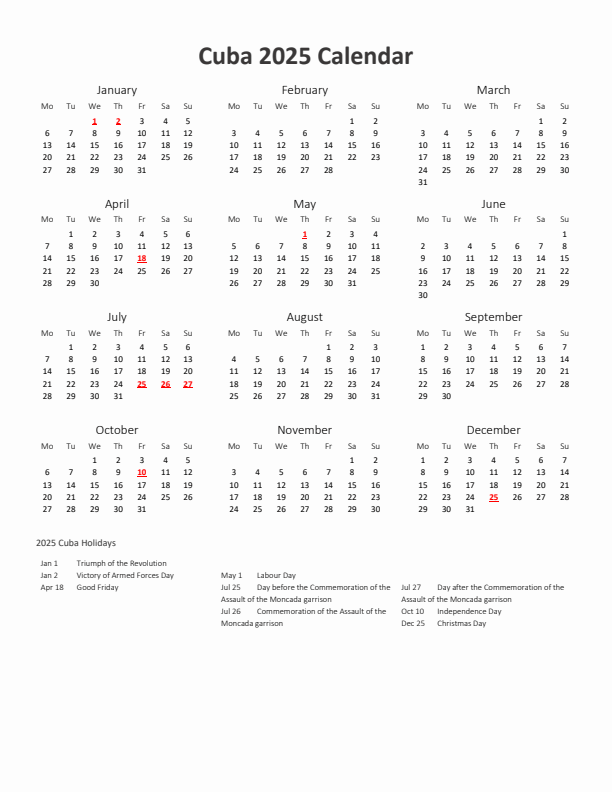 2025 Yearly Calendar Printable With Cuba Holidays