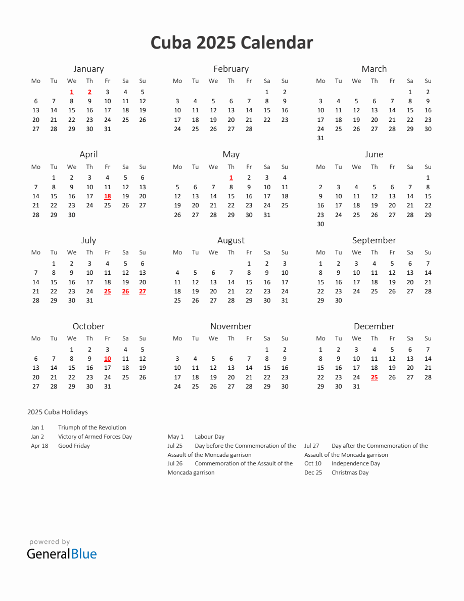 2025 Yearly Calendar Printable With Cuba Holidays