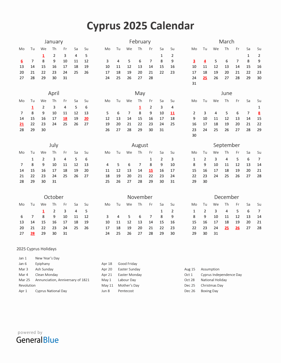 2025 Yearly Calendar Printable With Cyprus Holidays
