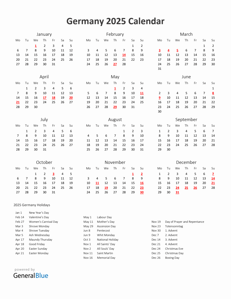 German 2025 Calendar