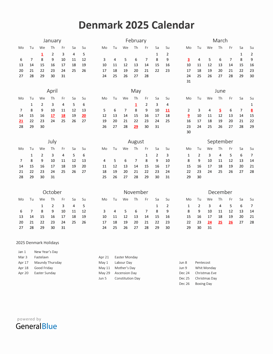 2025 Yearly Calendar Printable With Denmark Holidays