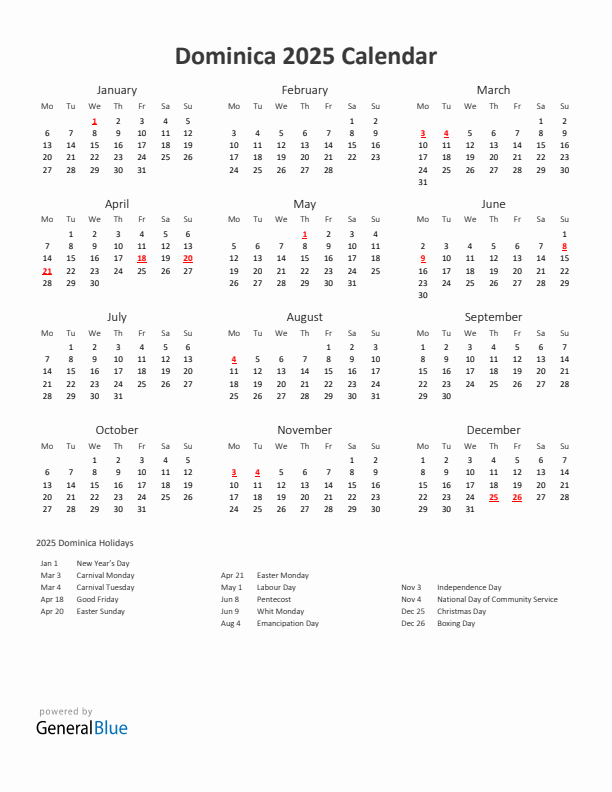 2025 Yearly Calendar Printable With Dominica Holidays