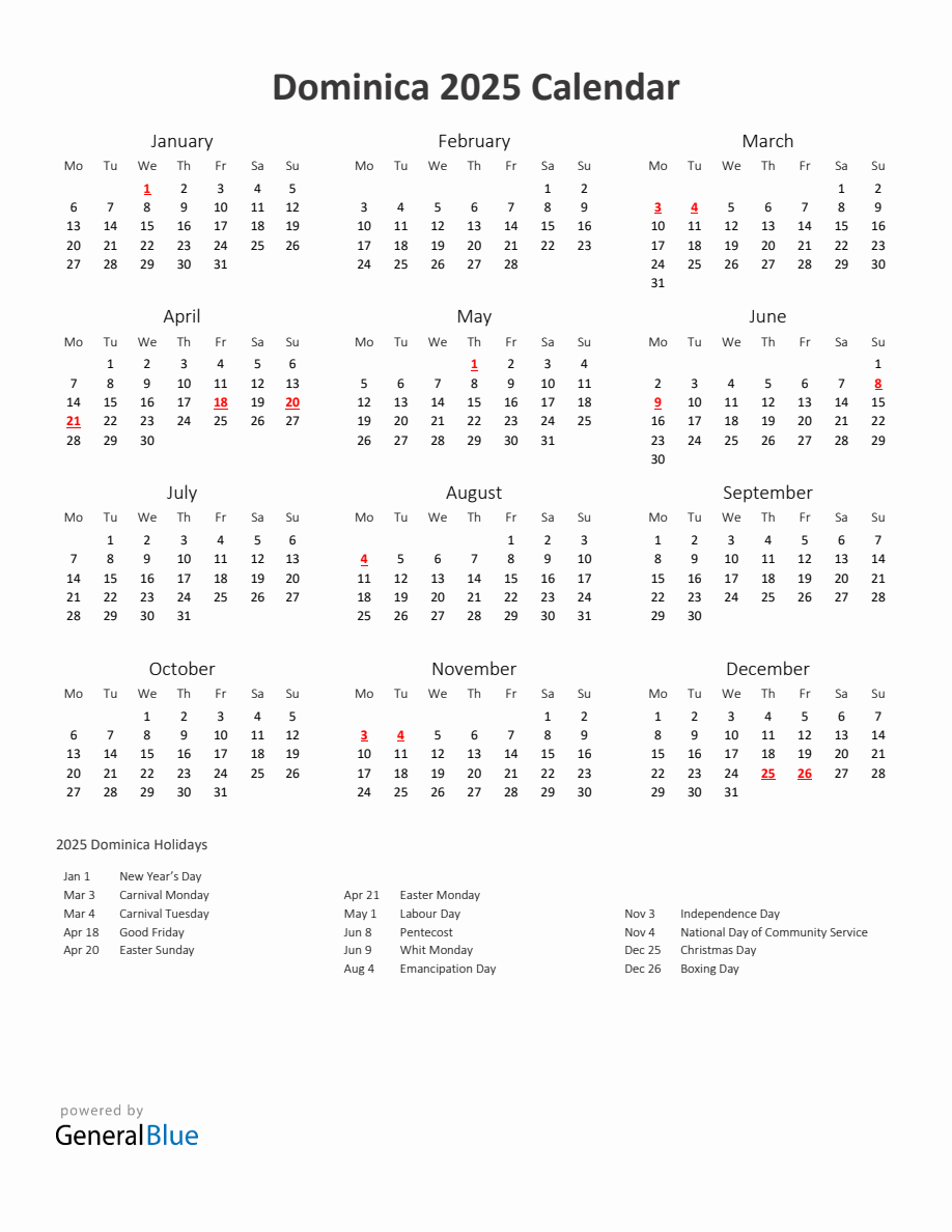 2025 Yearly Calendar Printable With Dominica Holidays