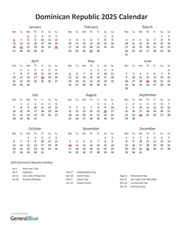 2025 Yearly Calendar Printable With Dominican Republic Holidays